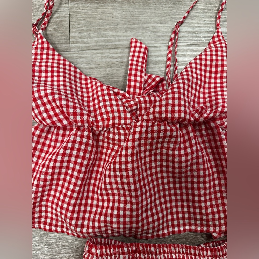 Red White Princess Polly Gingham Two Piece Tie Back Crop Top Shorts Set - Picture 2 of 4